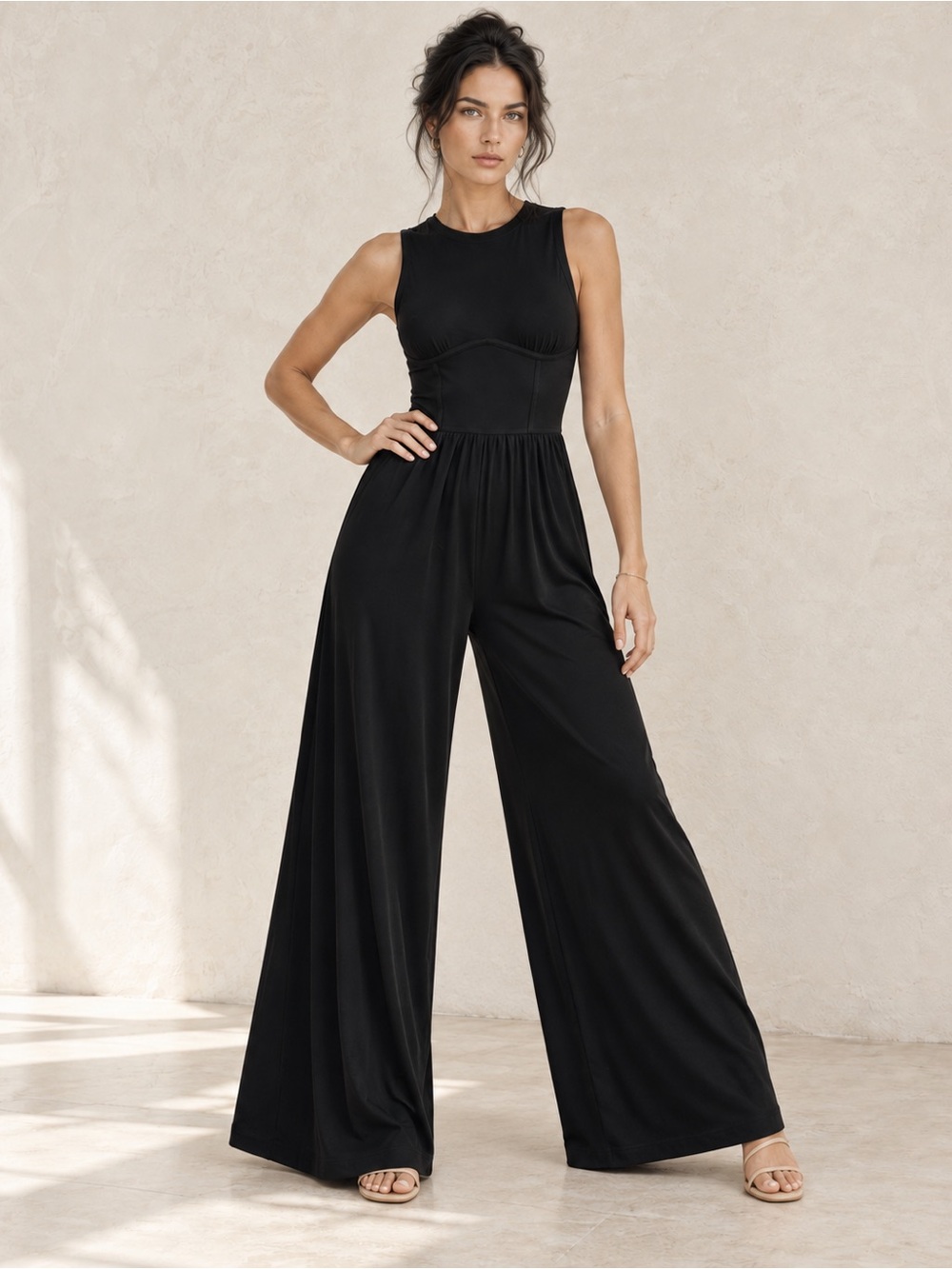 SHEIN MOD Black Sleeveless Wide Leg Jumpsuit Casual Stretch Knit Size 4 NWT
